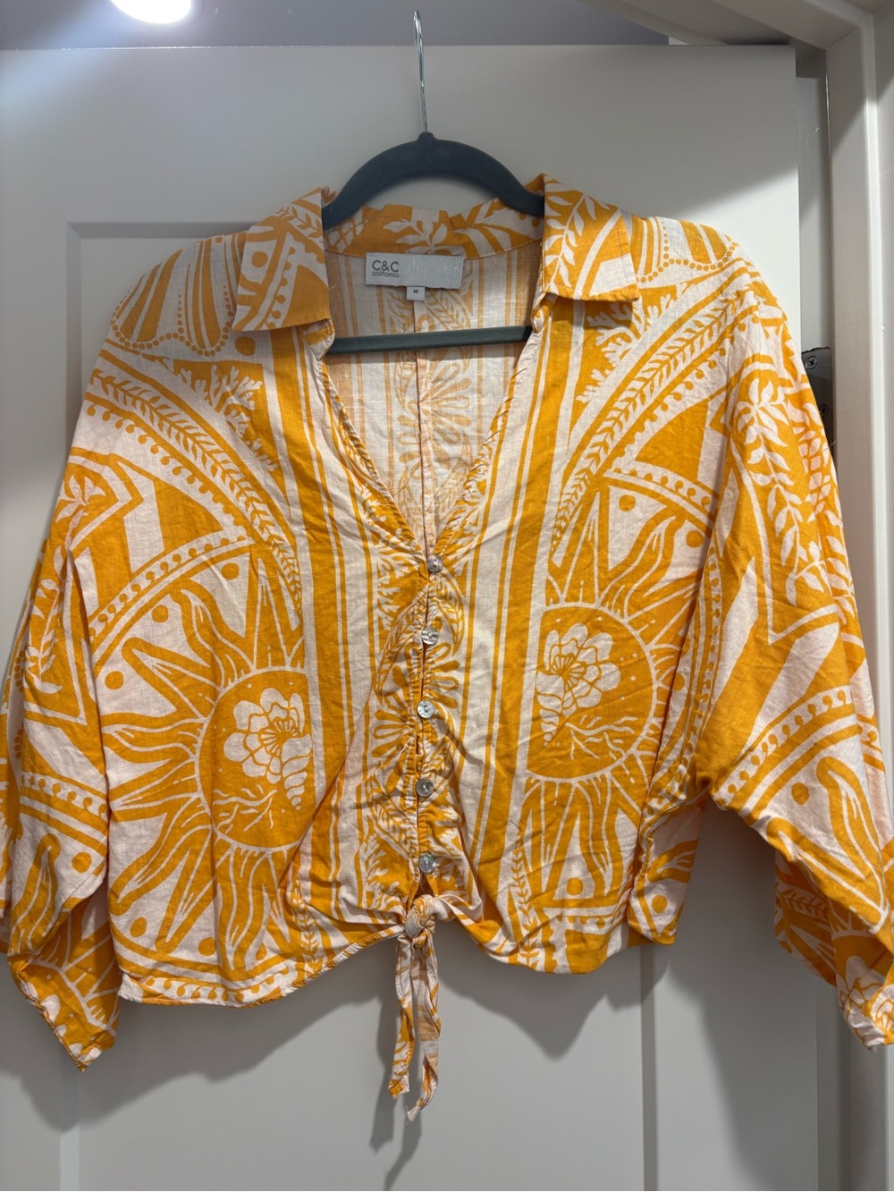 C&C California Sunburst Print Yellow Tie-Front Button Shirt
